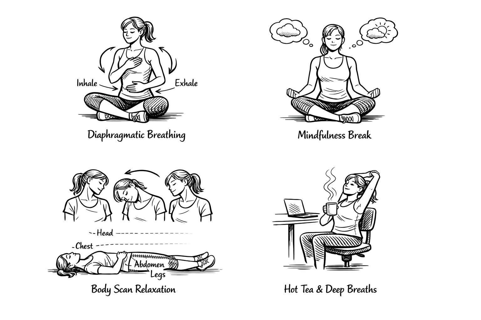 Sketch image showing exemplary exercises for breathing and relaxation