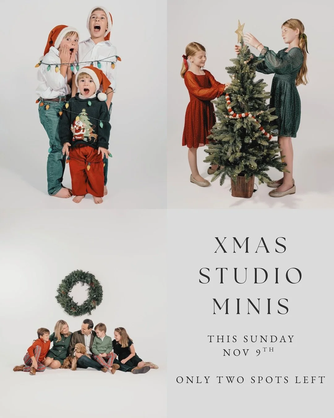 Just a quick reminder &mdash; Studio Christmas Minis are happening this Sunday, Nov. 9! 🎄✨

Only two spots left for one of my favorite sessions of the year.
Snag your spot before they&rsquo;re gone ➡️ [link in bio]

.
.
#bentonvillephotographer #chr