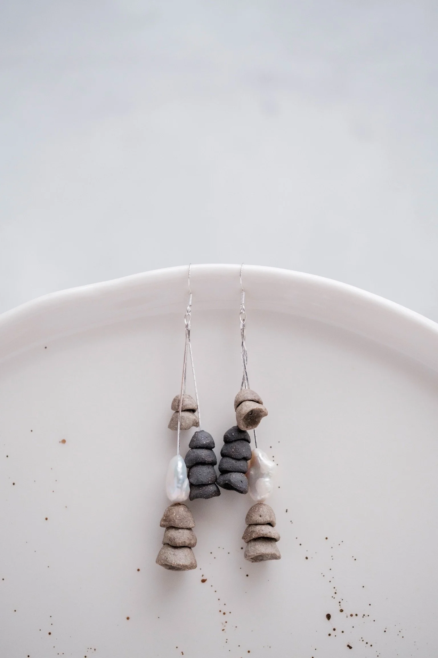 Silver + River pearls + Stoneware Bells Dangle Earrings