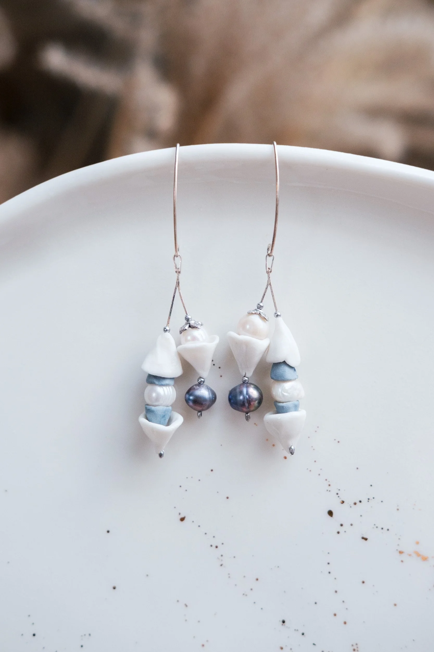 Silver +pearls + porcelain Bells Dangle Earrings