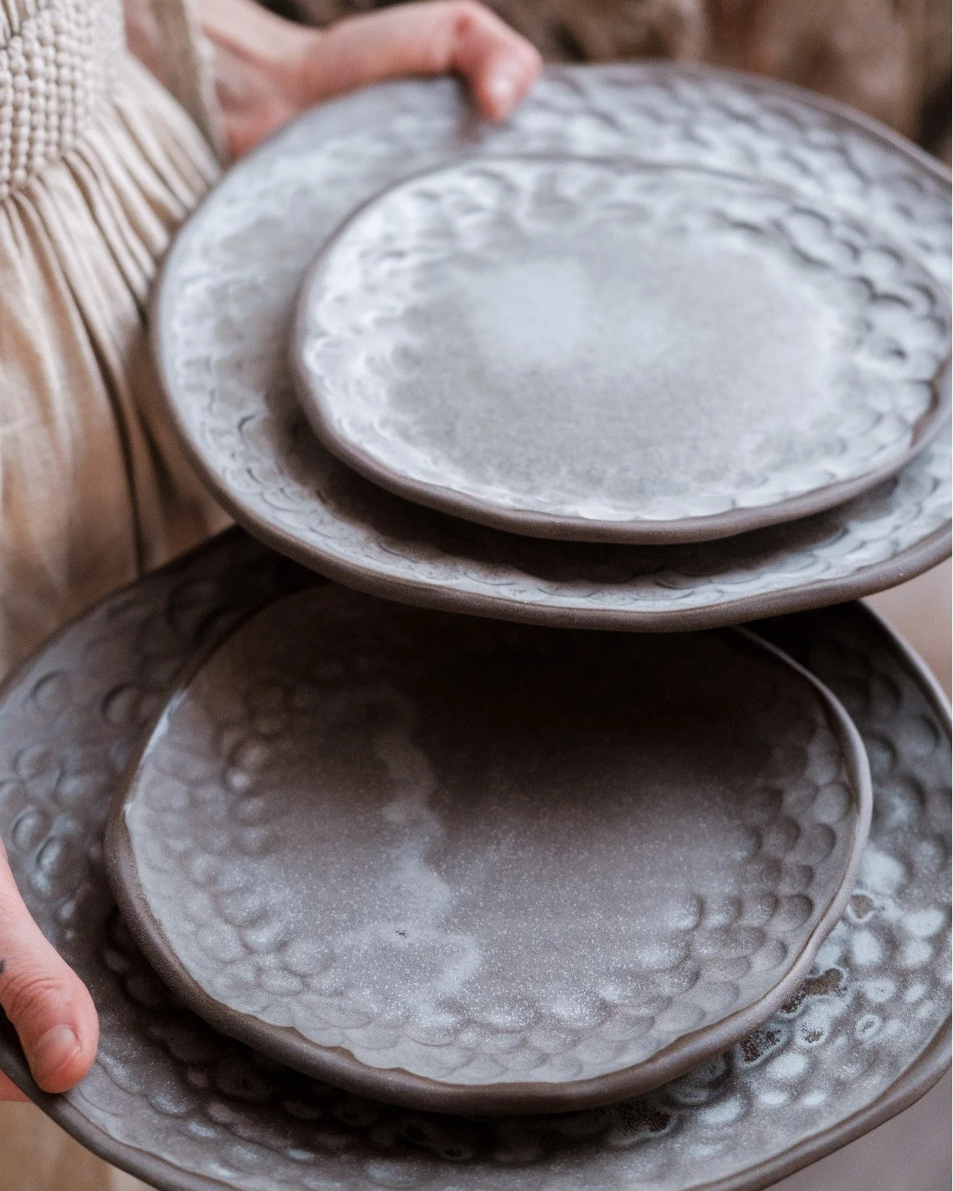 Dragon Plates 🐉 &mdash; that&rsquo;s how I named these.

Same favorite STONE glaze, two colorways &mdash; and once again, completely different moods on this darker stoneware body.

Textured, wabi-sabi forms with a tactile, scale-like surface and cry