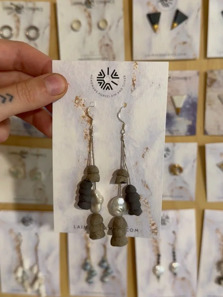 9 pairs of earrings ✨

Each pair has a silver backing, handmade porcelain or stoneware bells, and occasional little river pearls. 🌿

If one of these speaks to you, feel free to DM me to grab a pair. They are all &euro;40 per pair.