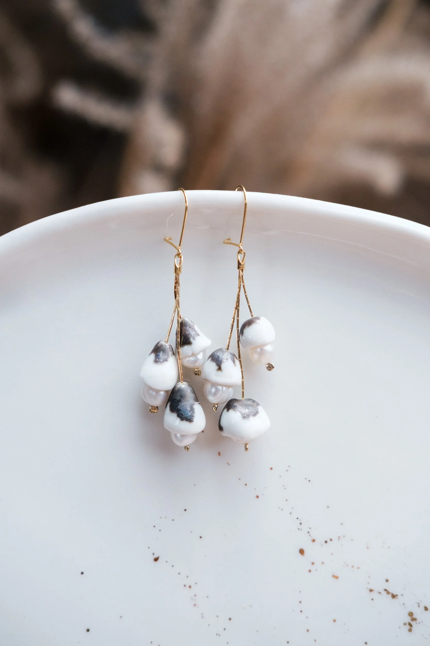 Gold + Porcelain + Pearls  Dangle Earrings