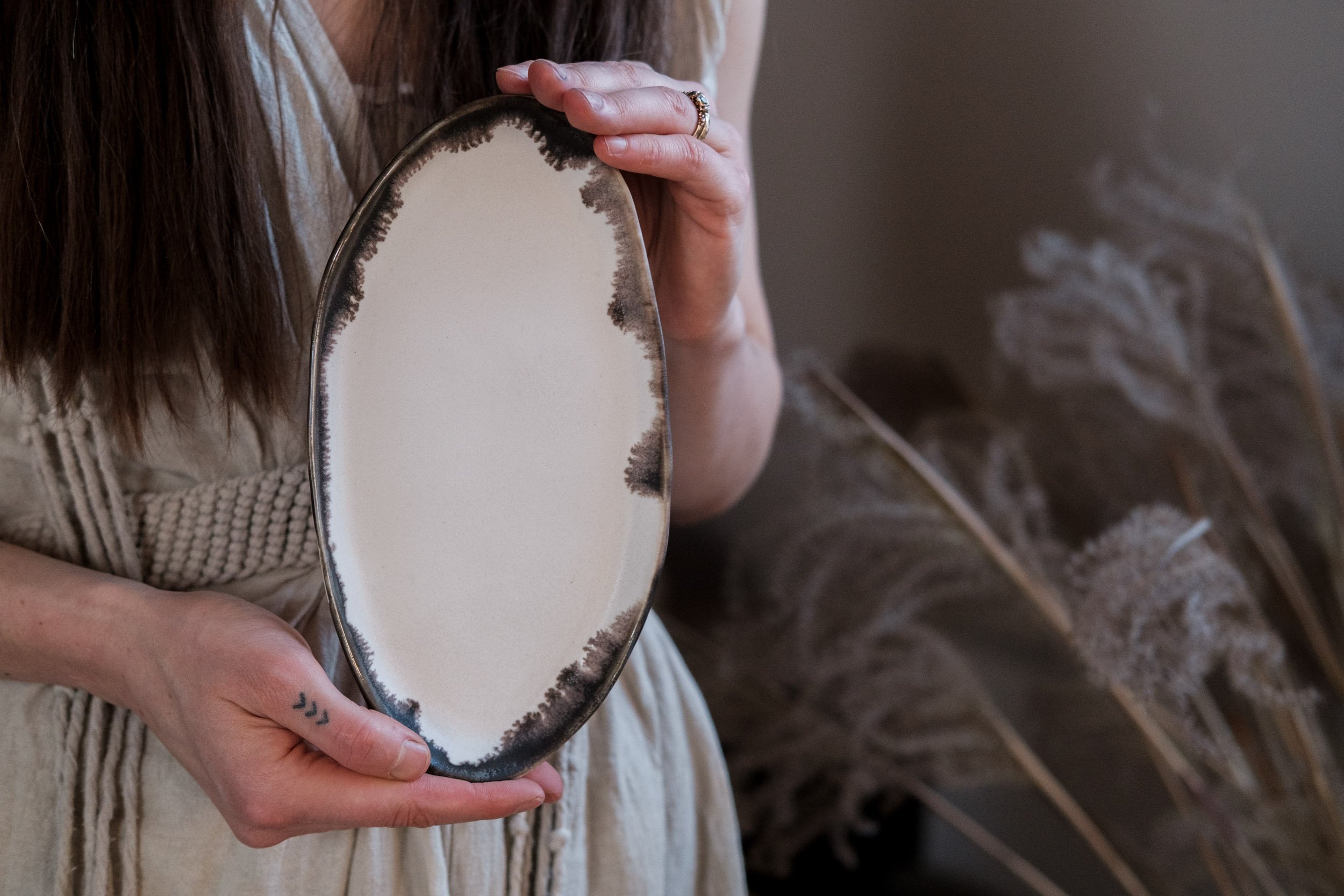Porcelain Oval Small Plate— Bronze Rim