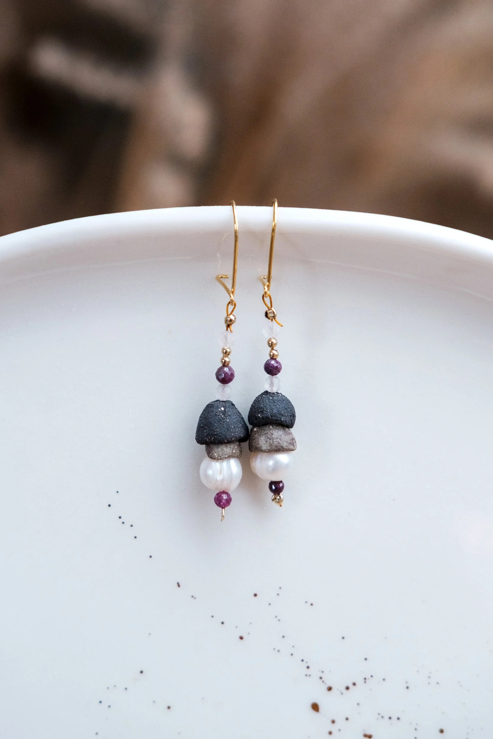 Gold + Sw + Pearls + Rose Quartz & Ruby Dangle Earrings