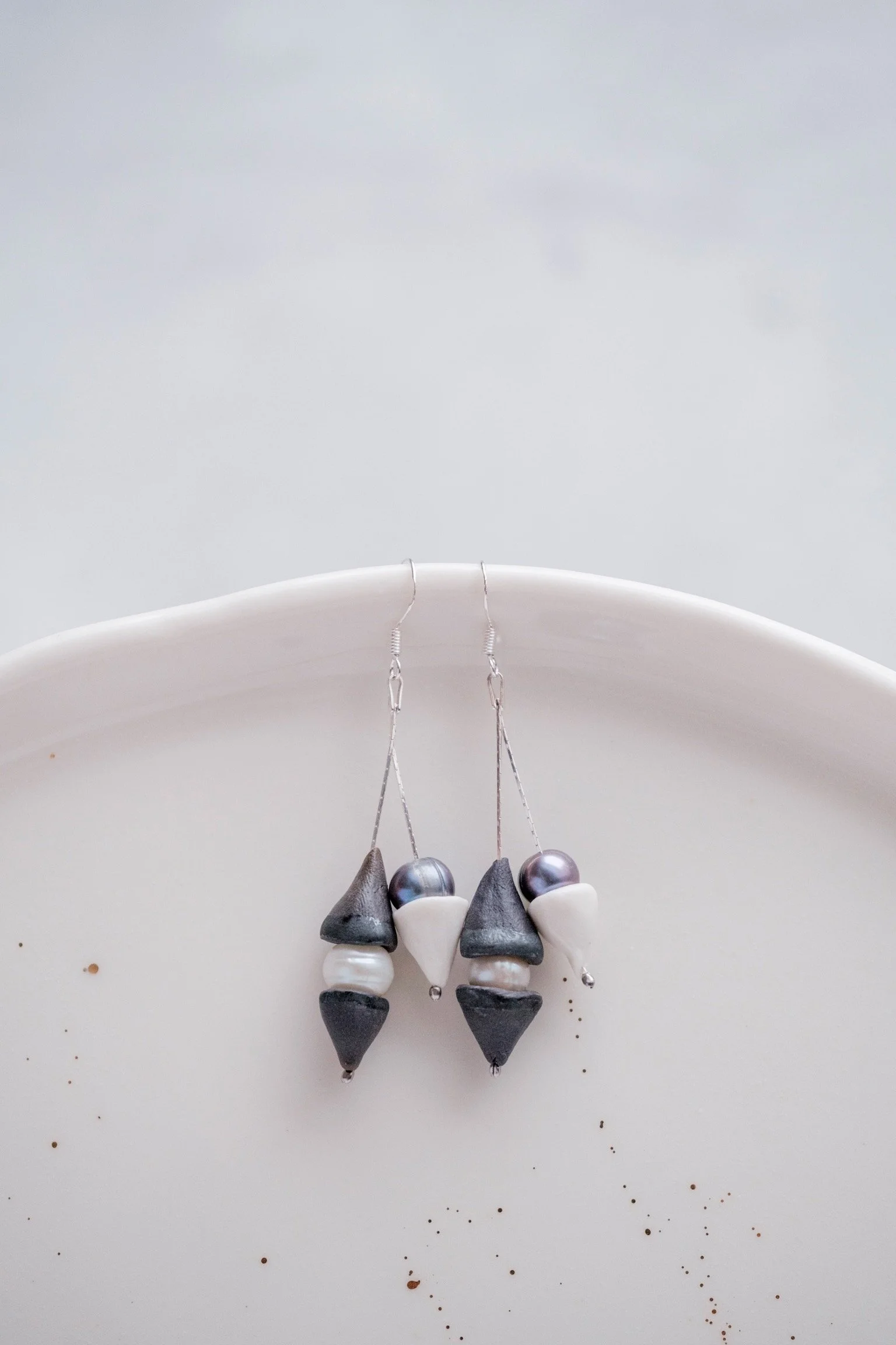 Silver + River pearls + Stoneware Bells Dangle Earrings
