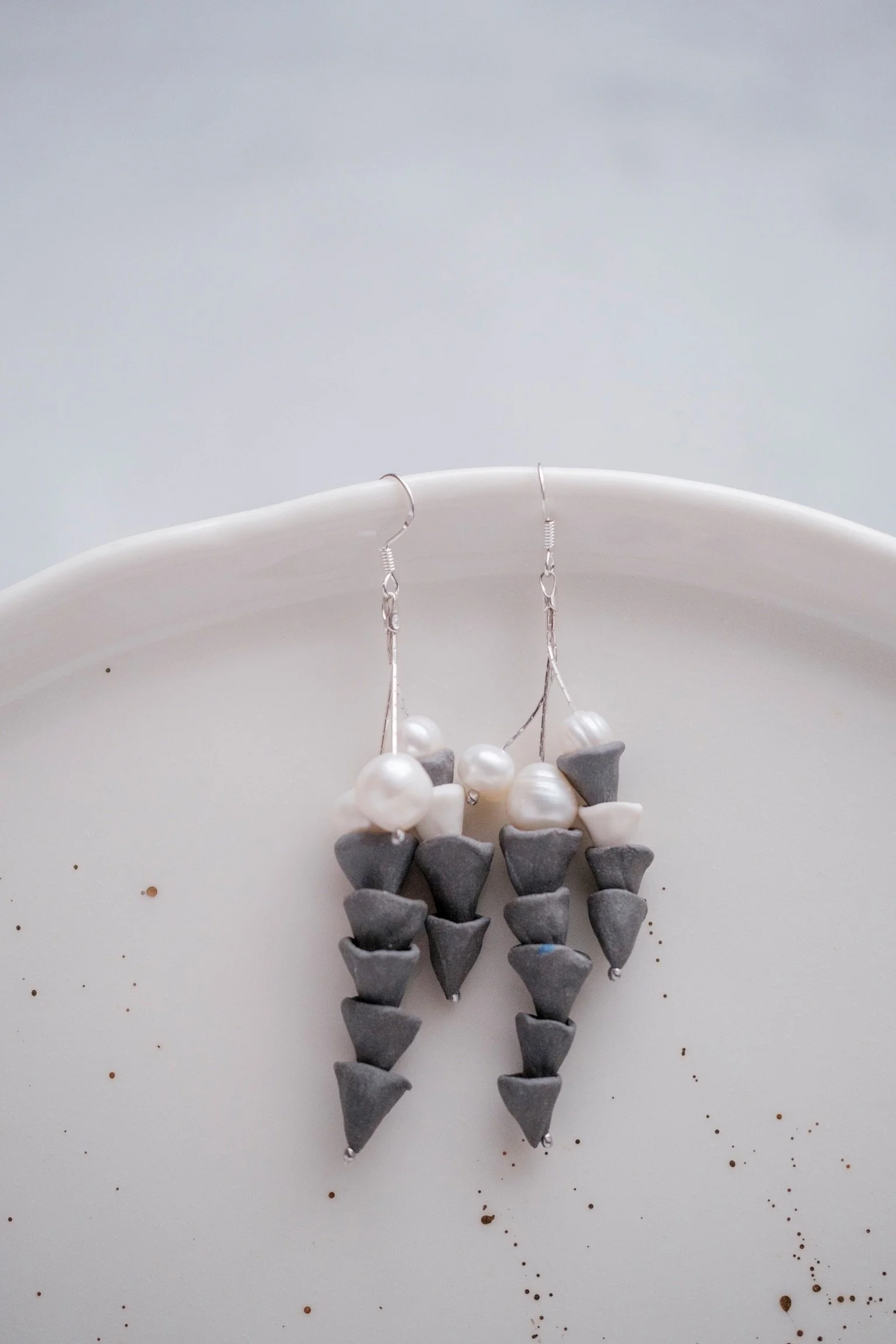 Silver + River pearls + Stoneware Bells Dangle Earrings