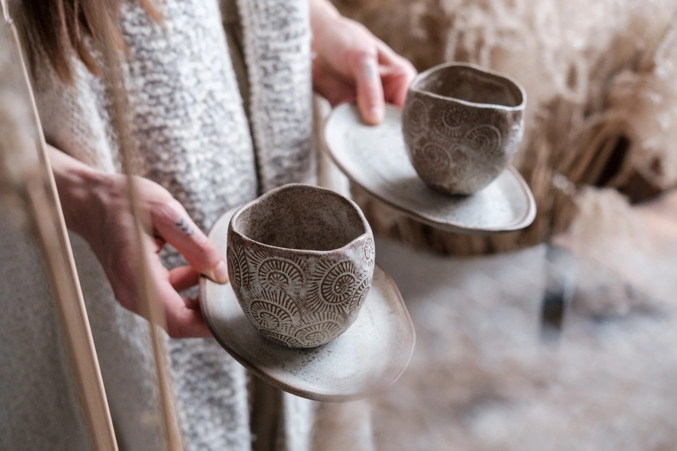 Hand-built rustic cups with texture