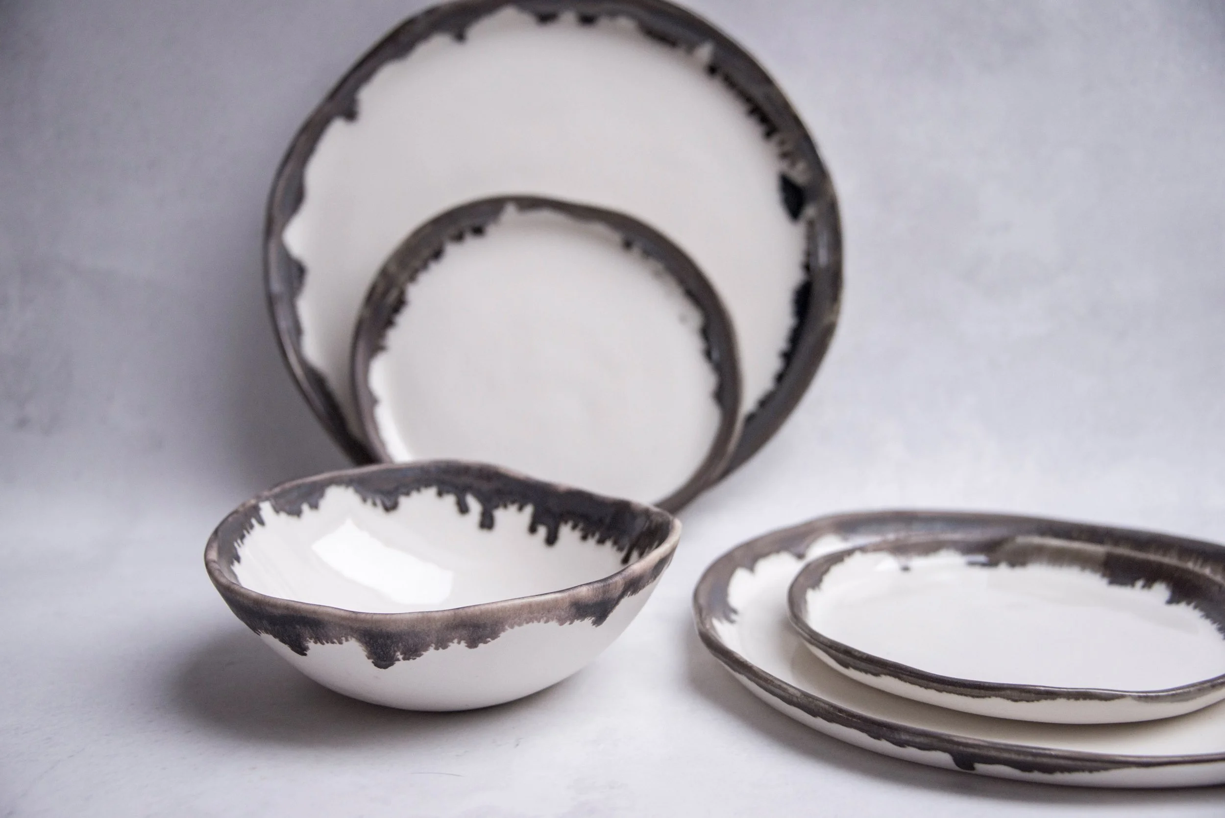 Handmade Porcelain Dinner Set — White & Bronze Fractal Rim