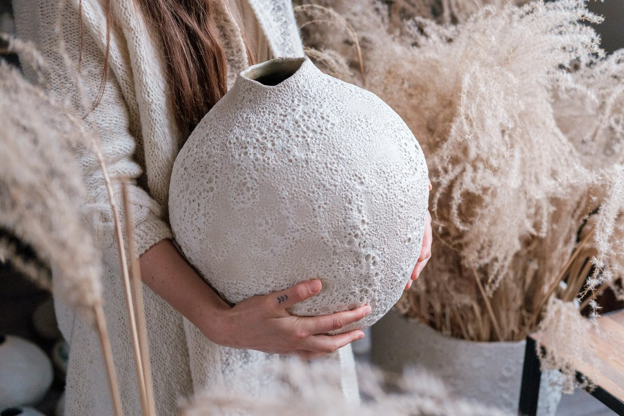 Hand-built vase with textured lava glaze