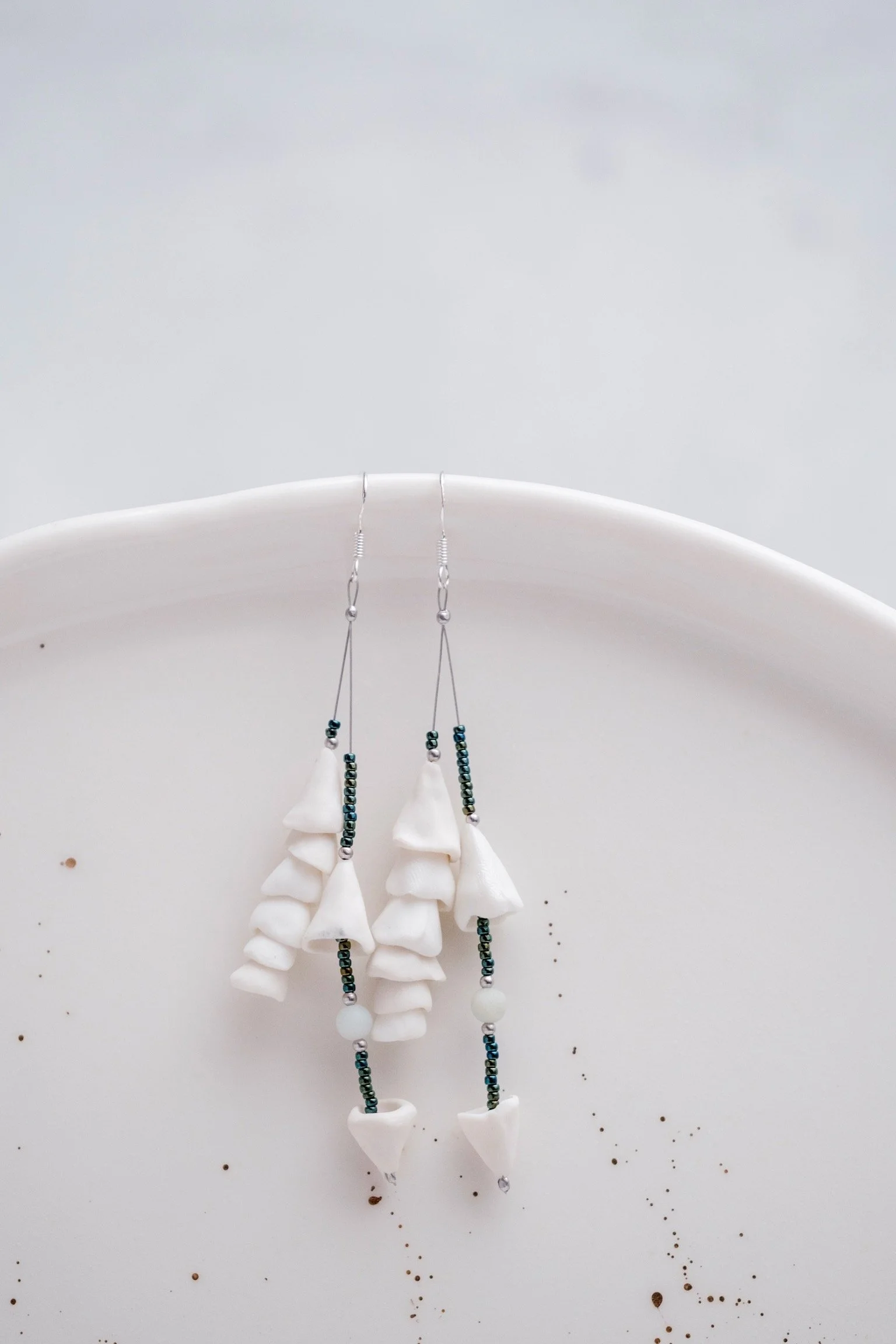 Silver + White + Green Porcelain Bells Dangle Earrings
