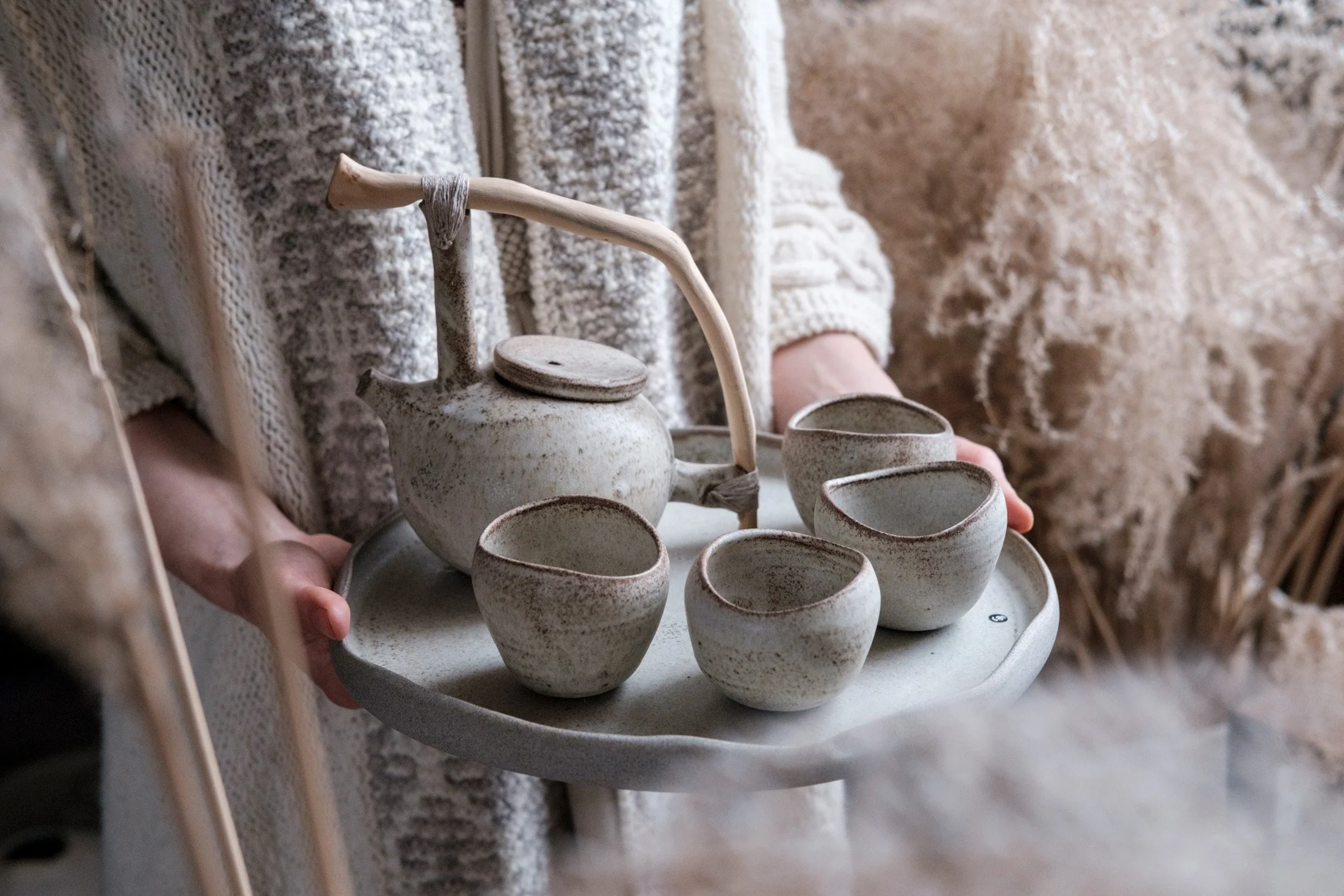 Wheel-thrown tea set and slab-rolled platter