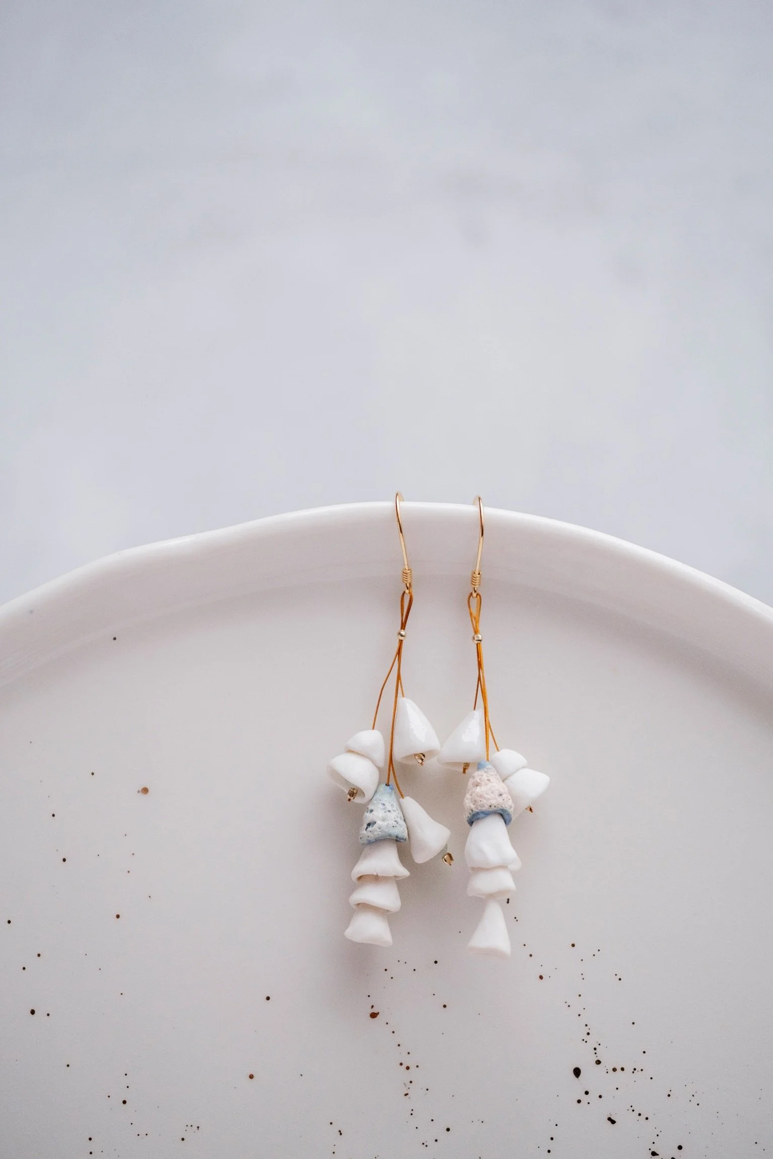 Gold + White + TQ Porcelain Bells Dangle Earrings