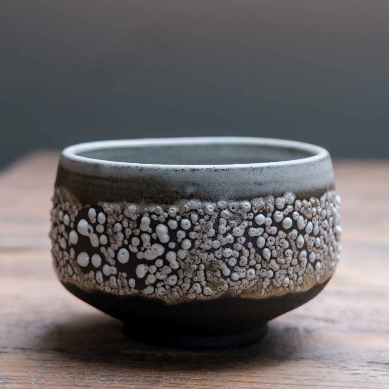  WHITE LICHEN +SATIN WHITE (on black stoneware)