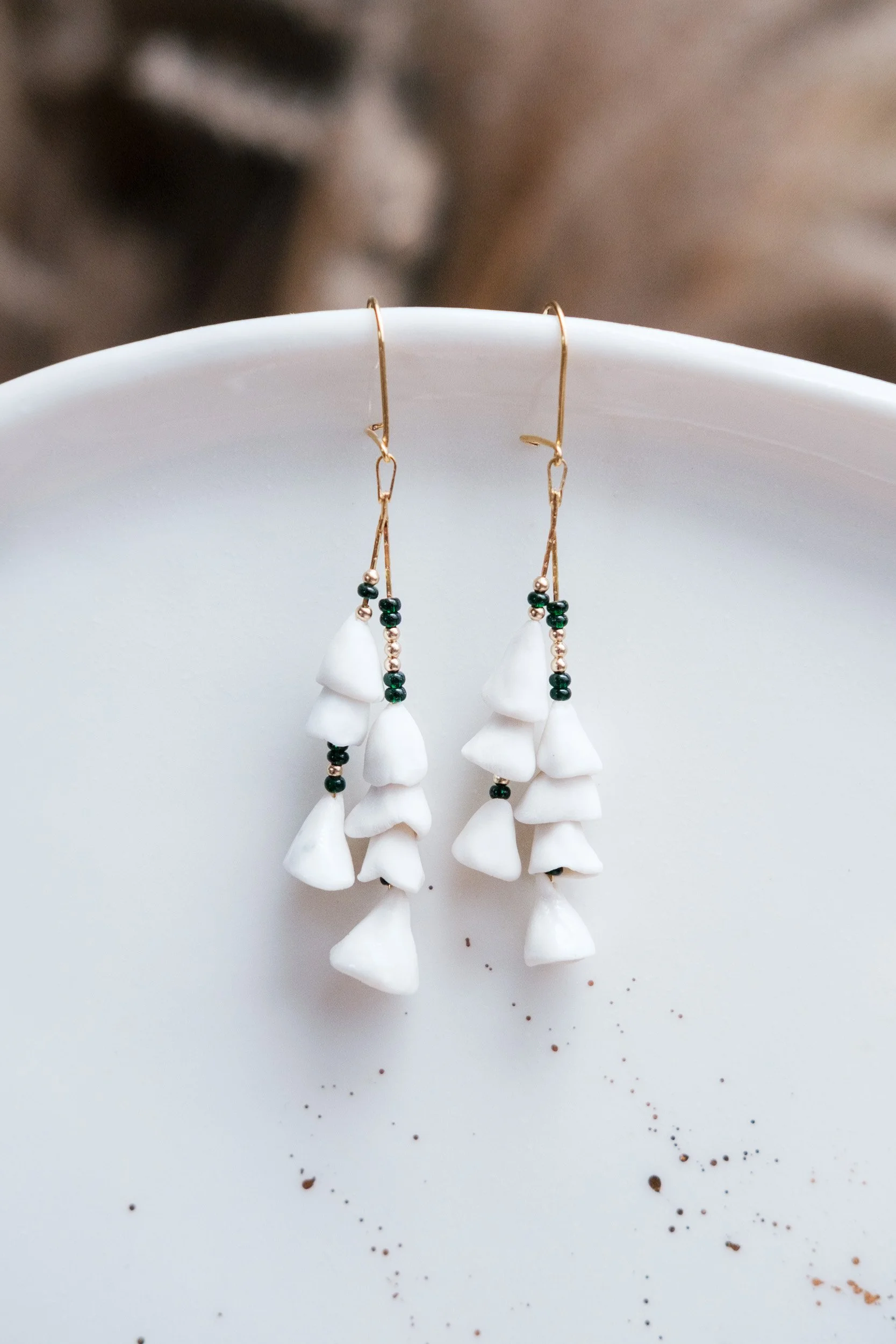 Gold + Porcelain + Beads  Dangle Earrings