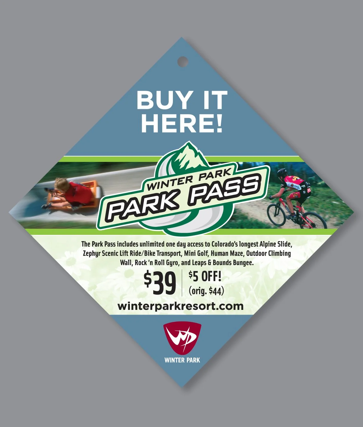  18” X 18” dangler sign which hanged in retail locations (supermarkets) to promote summer activities pass for Winter Park. 