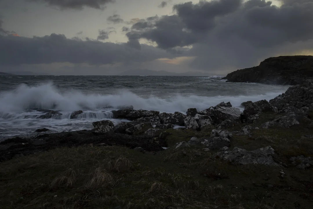 A stormy Tarskavaig Beach at sunset