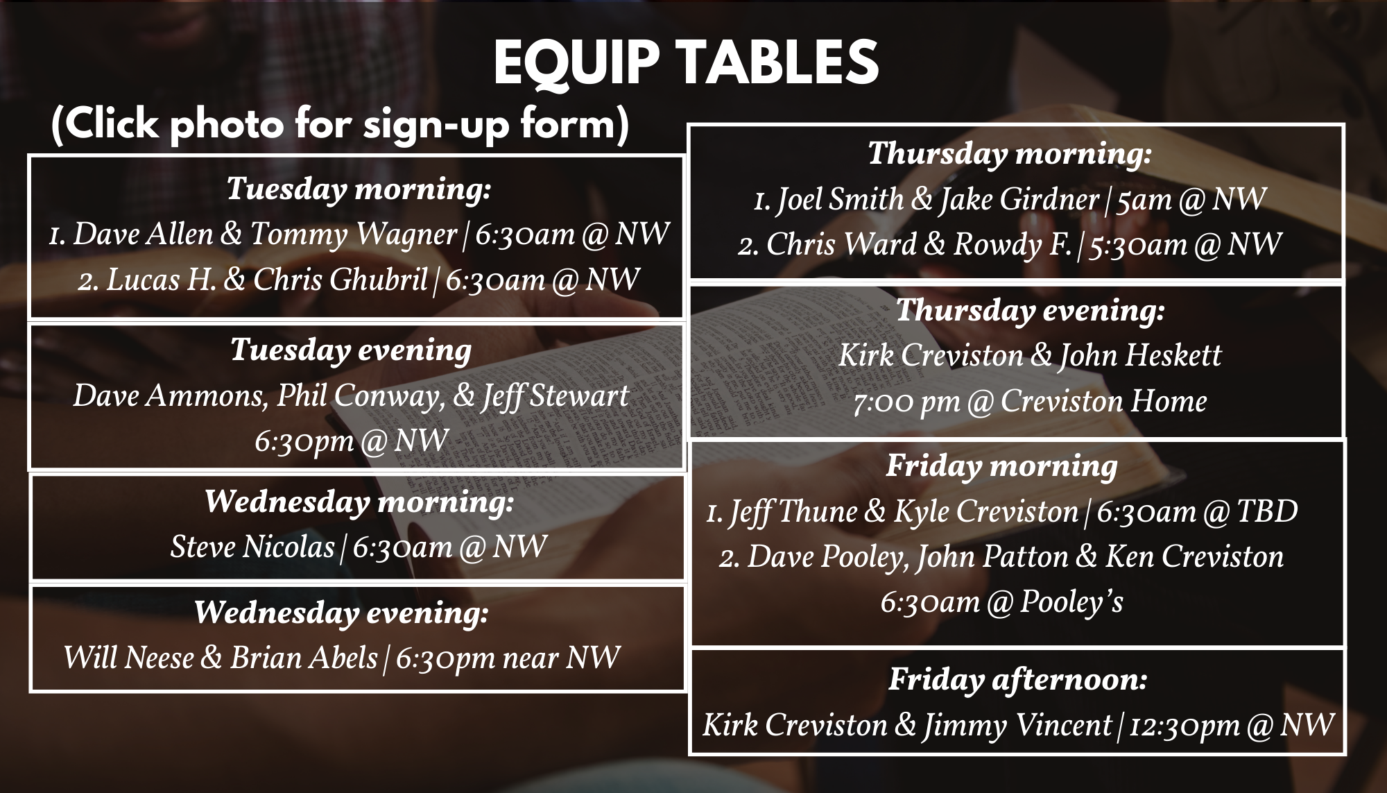 Equip Men’s Groups THE BREAK DOWN Tuesdays (AM) Joel Smith Dave Allen Lucas H. Jake Girdner Tommy Wagner Chris Ghubril 530am @ TBD 630am @ NW 700am@Sbux Tuesdays (PM) Dave Ammons Phil Conway Jeff .png