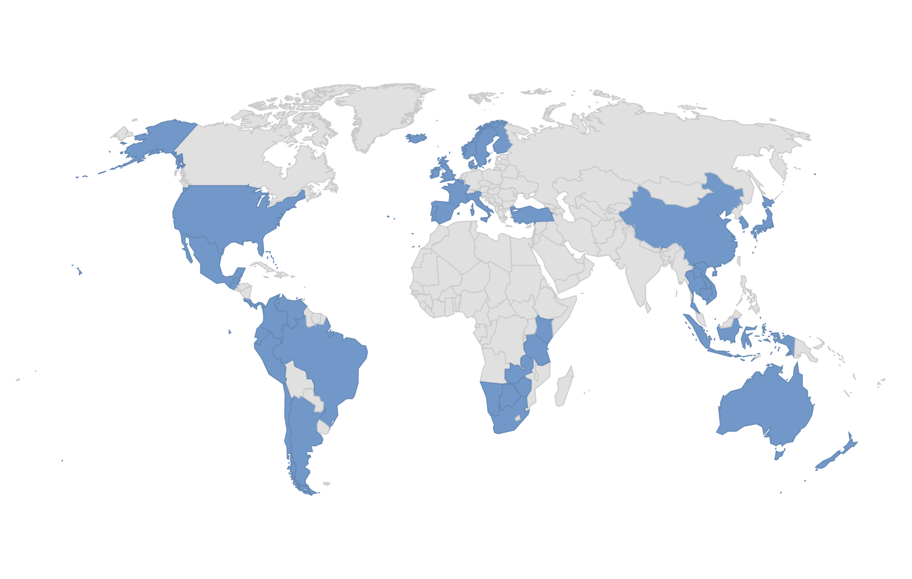 World map highlighting the 50 countries visited by travel and architecture photographer Claudia Uribe