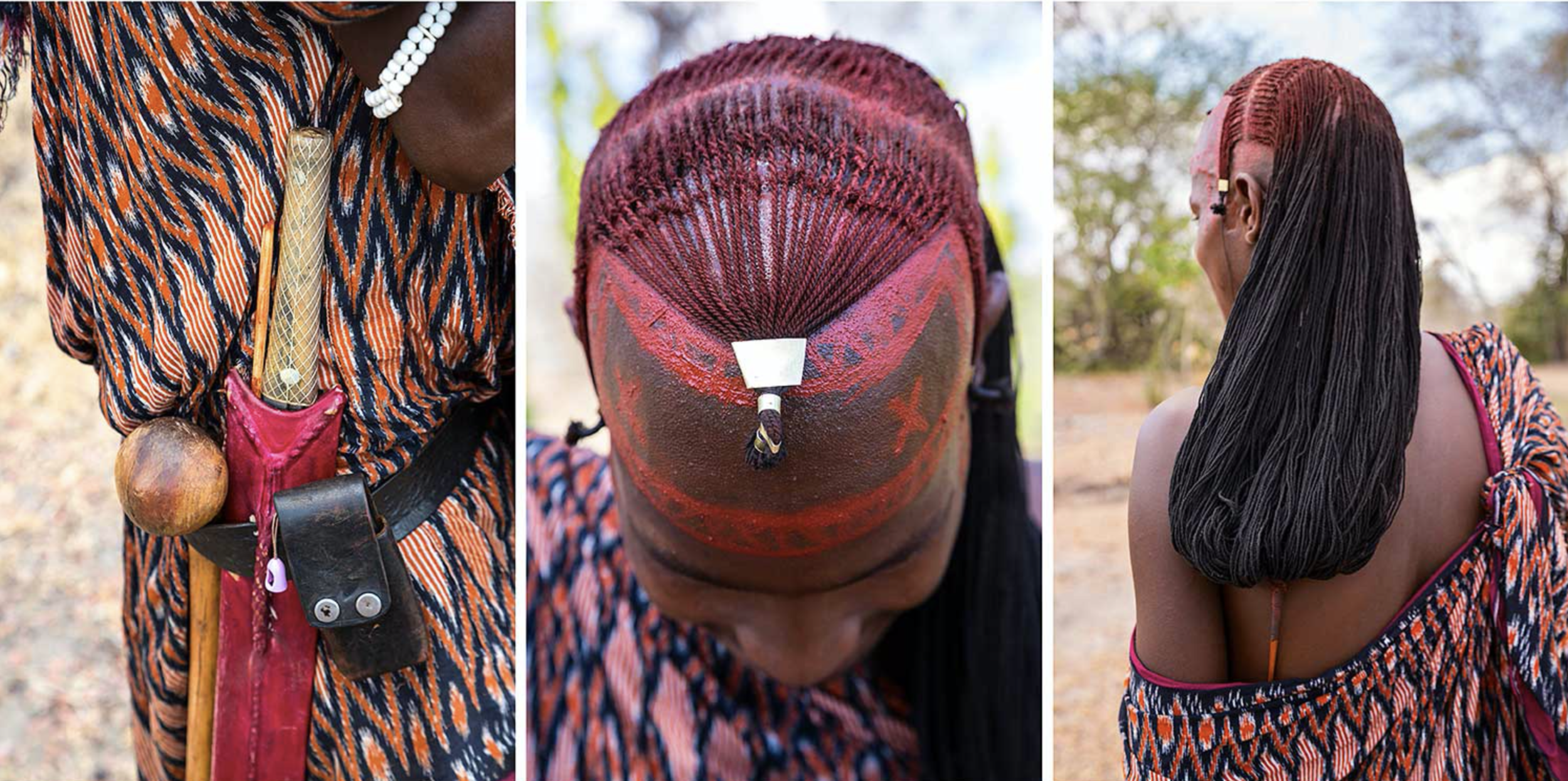 Close-up details of Maasai dress and adornment in Selous Tanzania including traditional beadwork, an ornately braided and ochre-painted hairstyle, and long black braids worn down the back