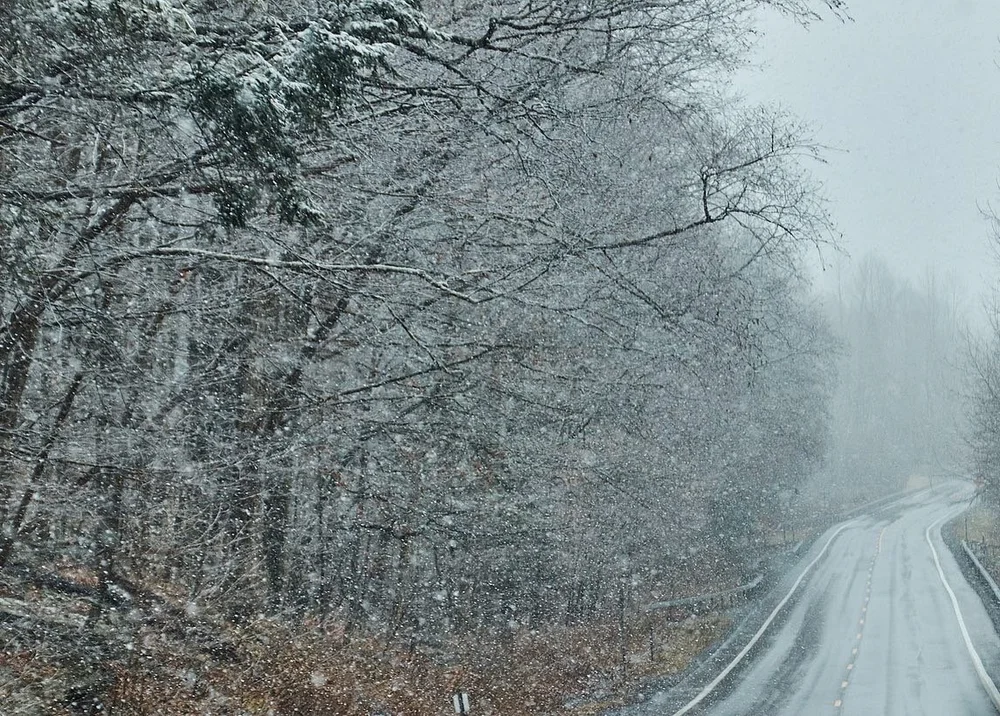 Scenic winter drive towards Notch Lake, NY
