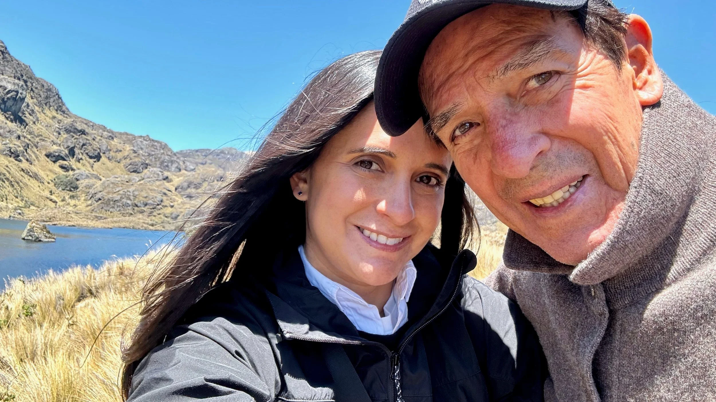 Karen and her dad taking a selfie at Laguna Toreadora, Cajas National Park, Ecuador