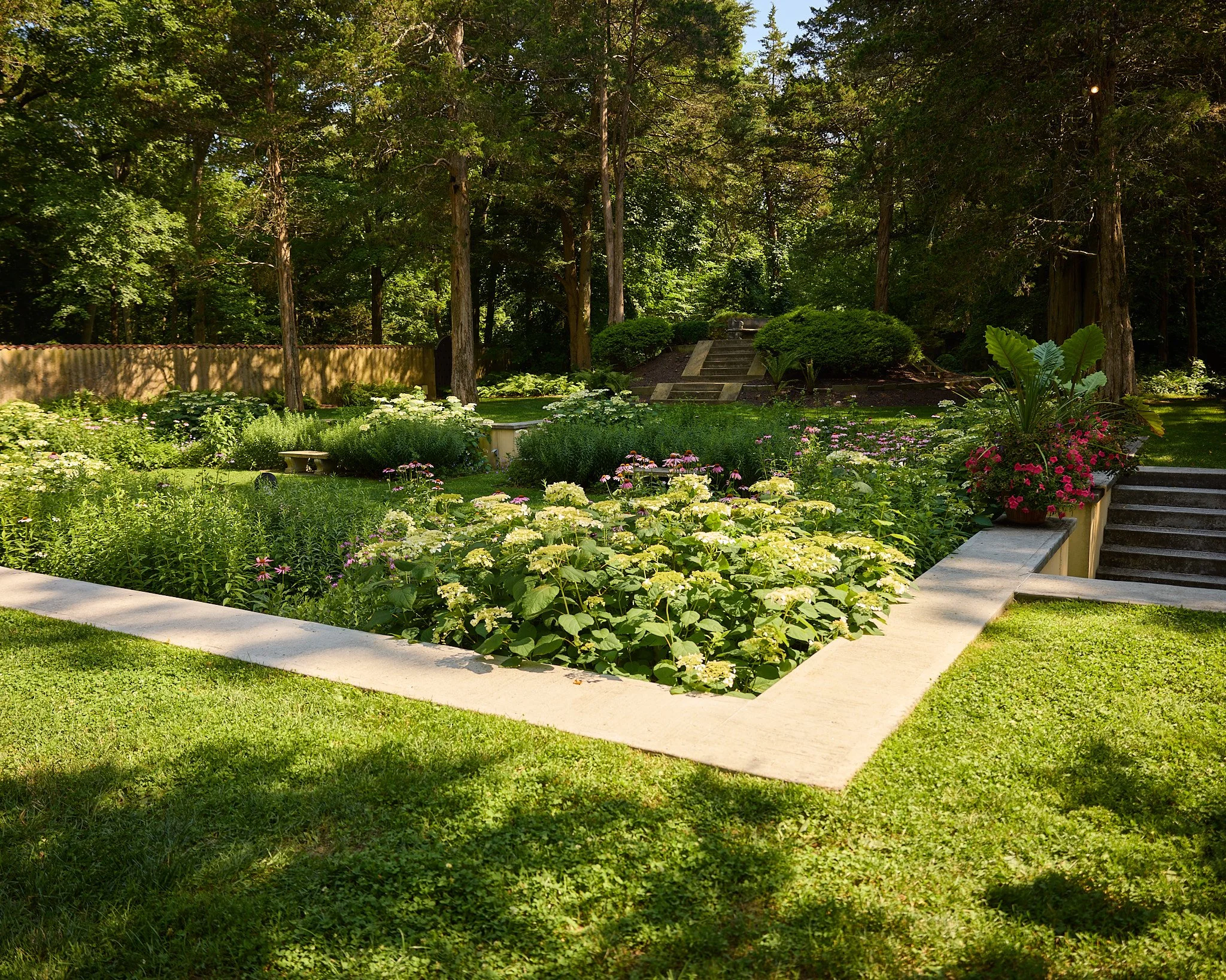 Caramoor's Sunken Garden with hydrangeas in bloom and stone steps