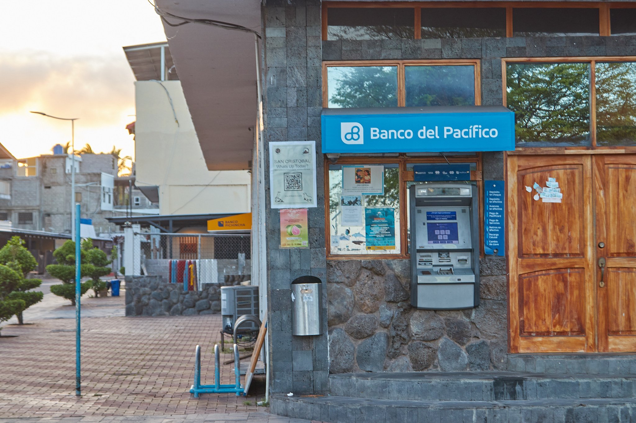 Banco del Pacífico ATM machine on the Malecón in Puerto Baquerizo Moreno, San Cristóbal Island, Galápagos, Ecuador
