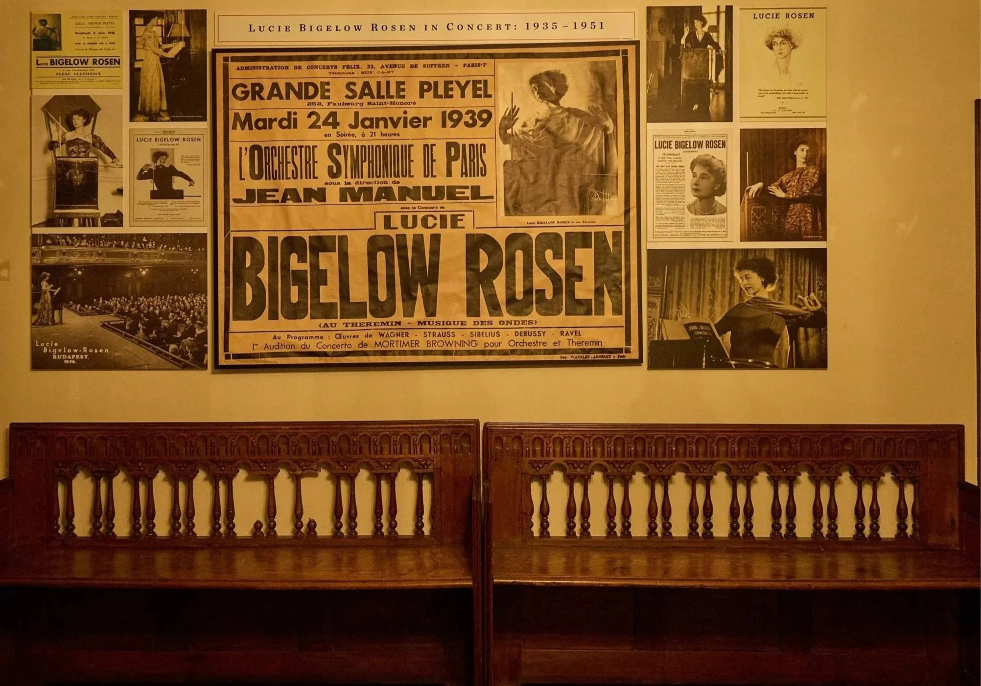 Wall of vintage concert posters and photographs of Lucie Bigelow Rosen at Caramoor