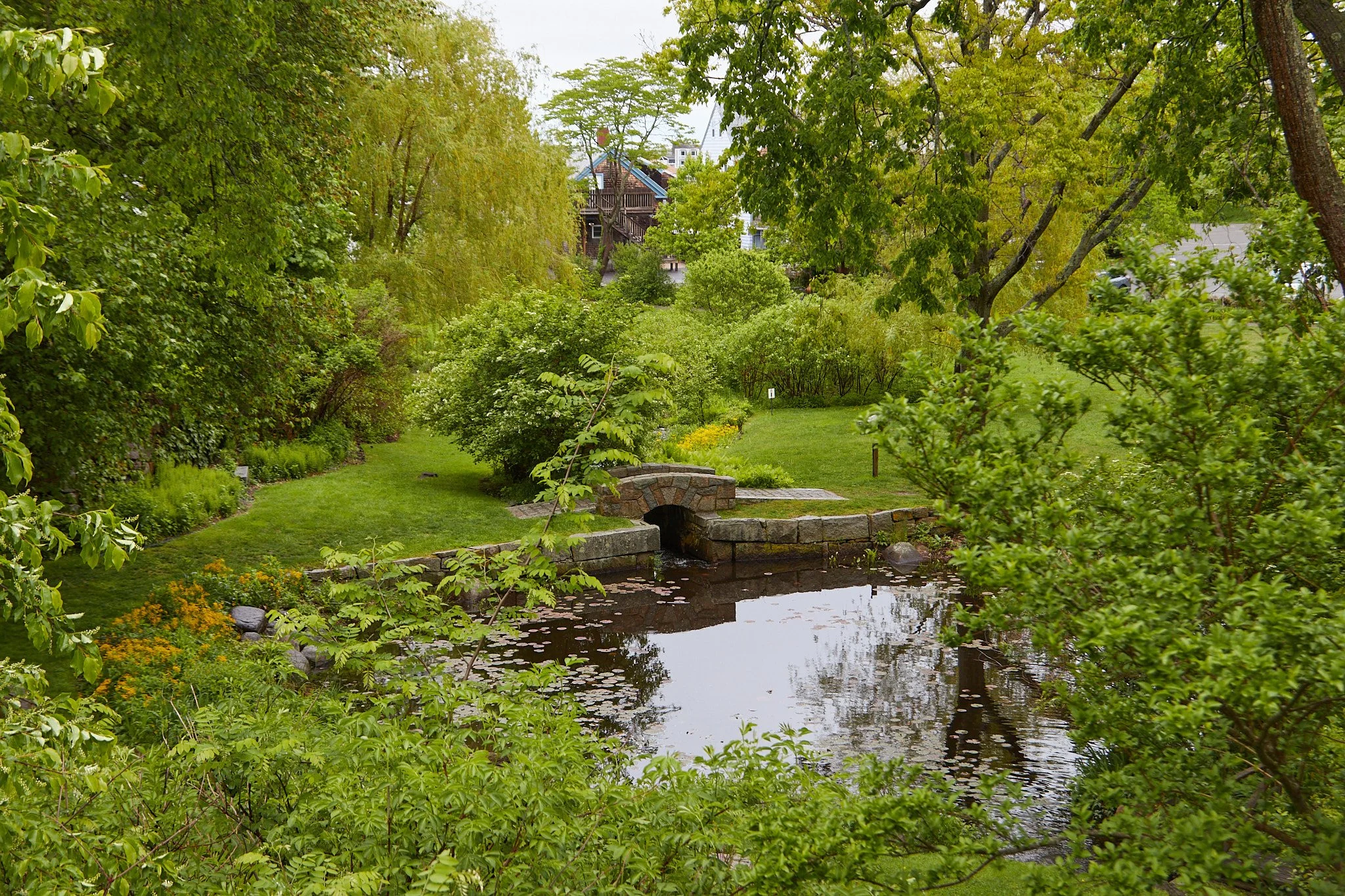 Stone bridge over Mill Pond at Millbrook Meadow park in downtown Rockport, Massachusetts