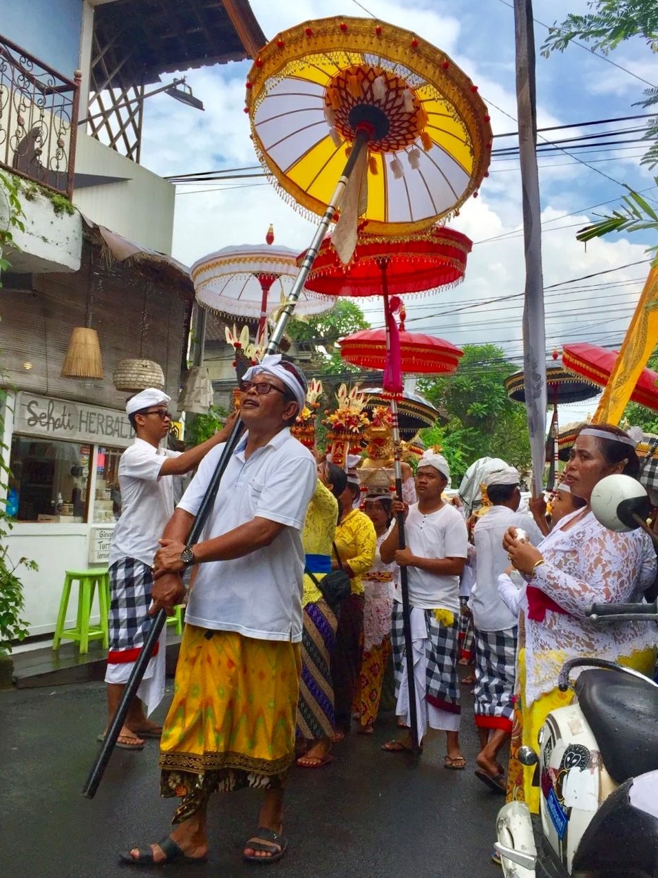 A Balinese temple procession in Ubud, Bali, Indonesia