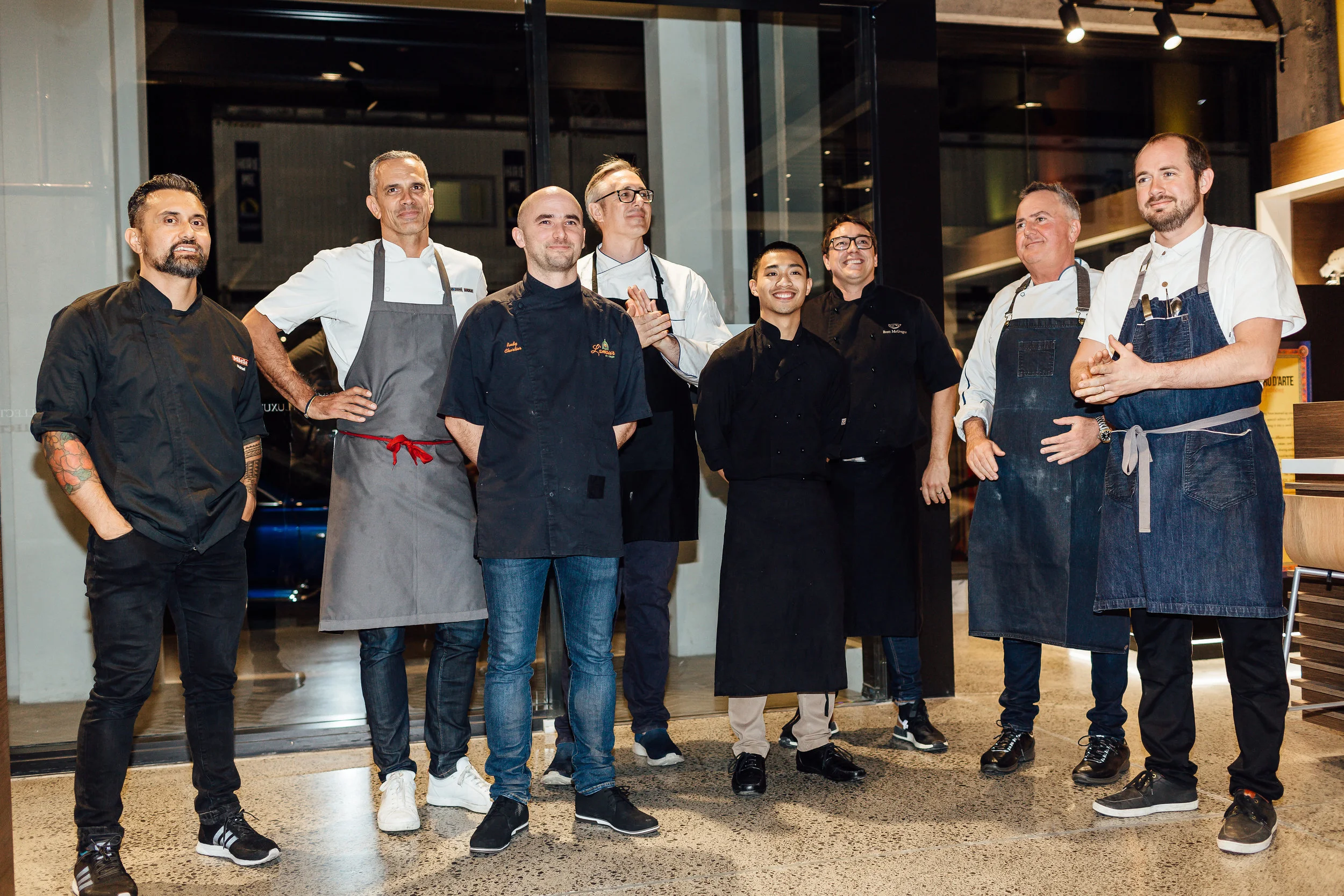 New Zealand’s leading chefs cooking on the night: Michael Meredith, Josh Emett, Rudy Chartier, Des Harris, William Mordido, Brett Mc Gregor, Simon Gault and Giulio Sturla.