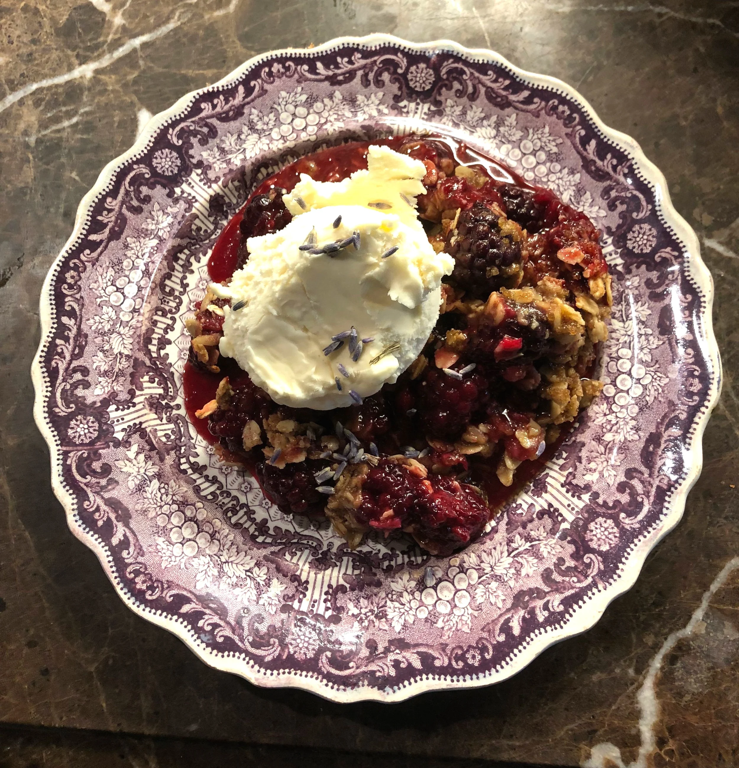 Blackberry crisp is low in sugar but high in style served on this 1800 Staffordshire Carolina R. Hall plate.