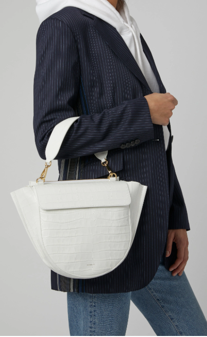 Crocodile embossed Hortensia handbag by Wandler i n optic white looks chic with the top handle but also has a long strap for crossbody convenience.