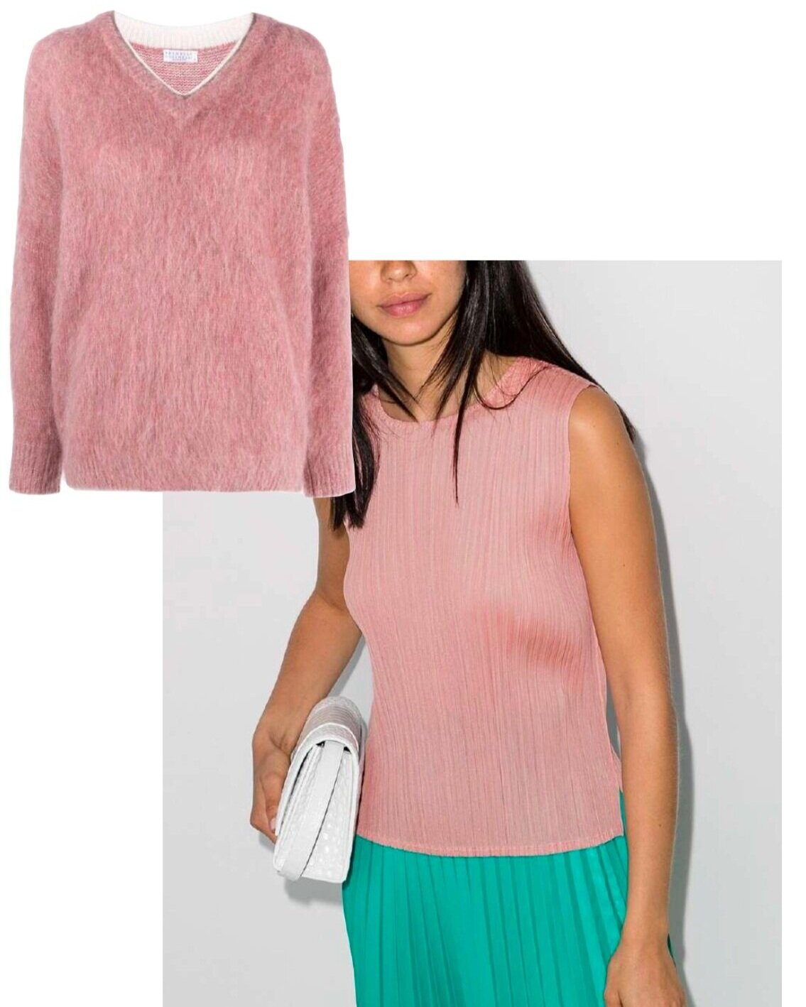  A  sleeveless top ,  fuzzy sweater  and pleated skirt make this a day to evening look. 