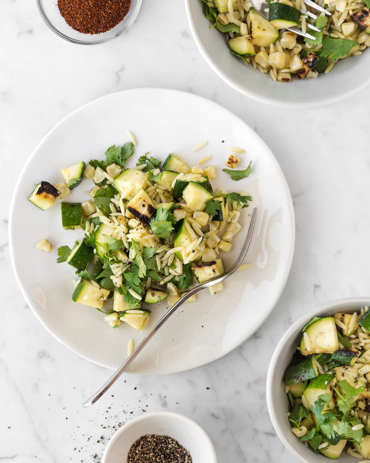 orzo pasta salad with grilled corn, zucchini and lime summer recipe