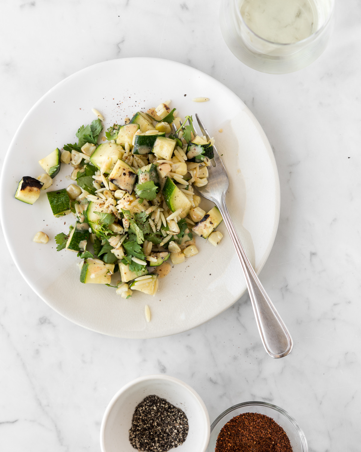 orzo summer salad with grilled corn, zucchini and lime