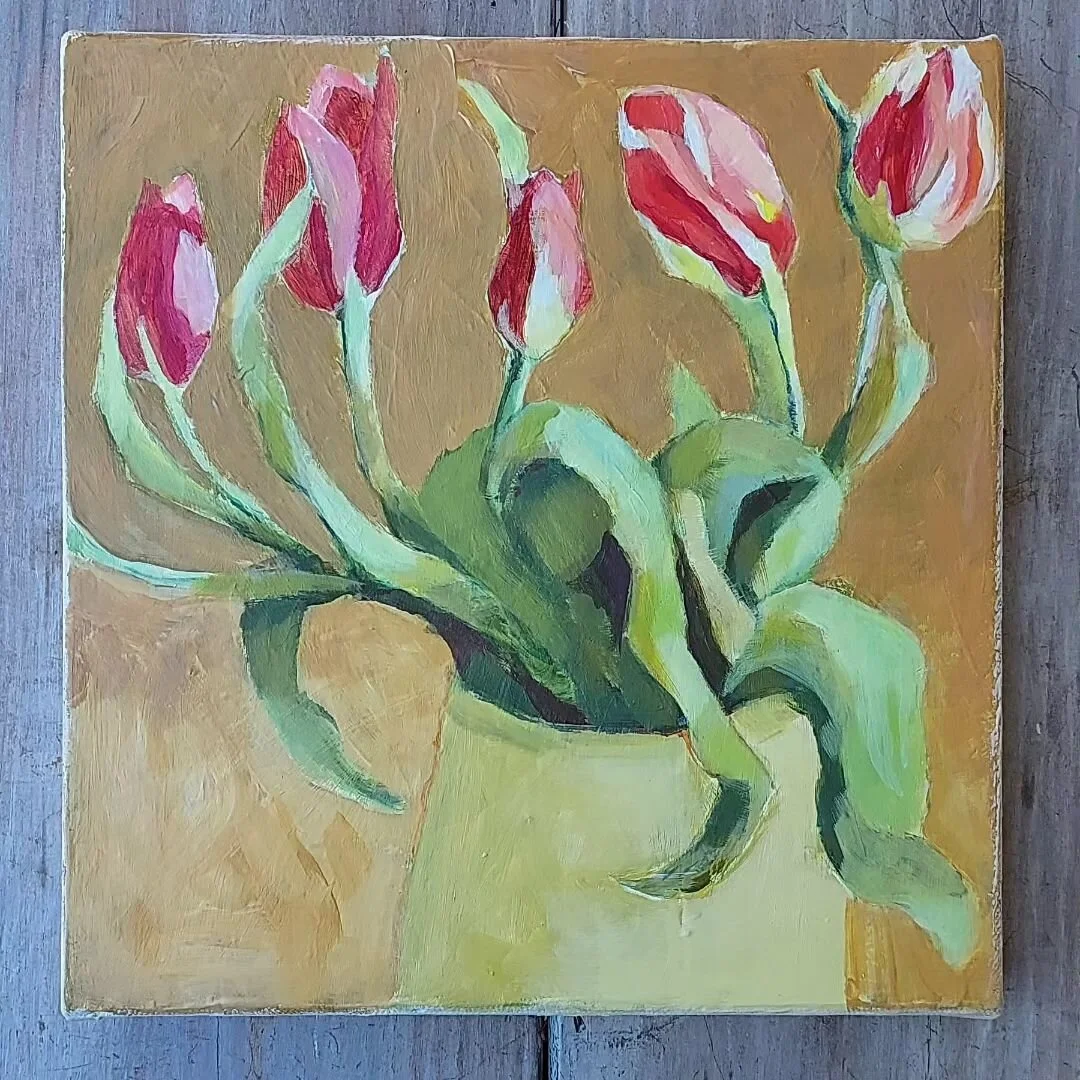 Tulips ( series A), 10in.x 10in., acrylic on canvas.I am working on a bunch of paintings of tulips. How is it that we can buy tulips in the fall. We already don't have real seasons here in Santa Barbara. It feels more like a continuous spring. This o