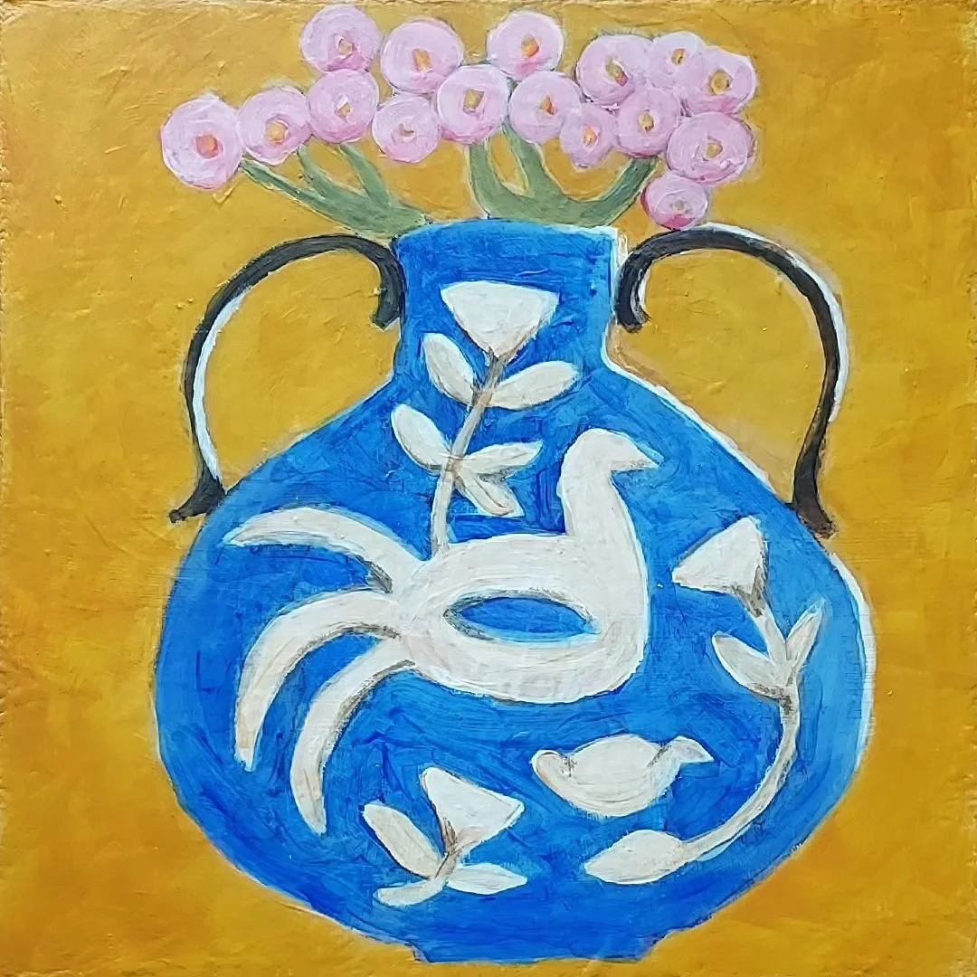 Fancy vase series 4, 12in. X 12in. Acrylic on canvas. Another small decorative vase painting. Hope you like this one! #primitiveart #flowerpainting #santabarbaraartists