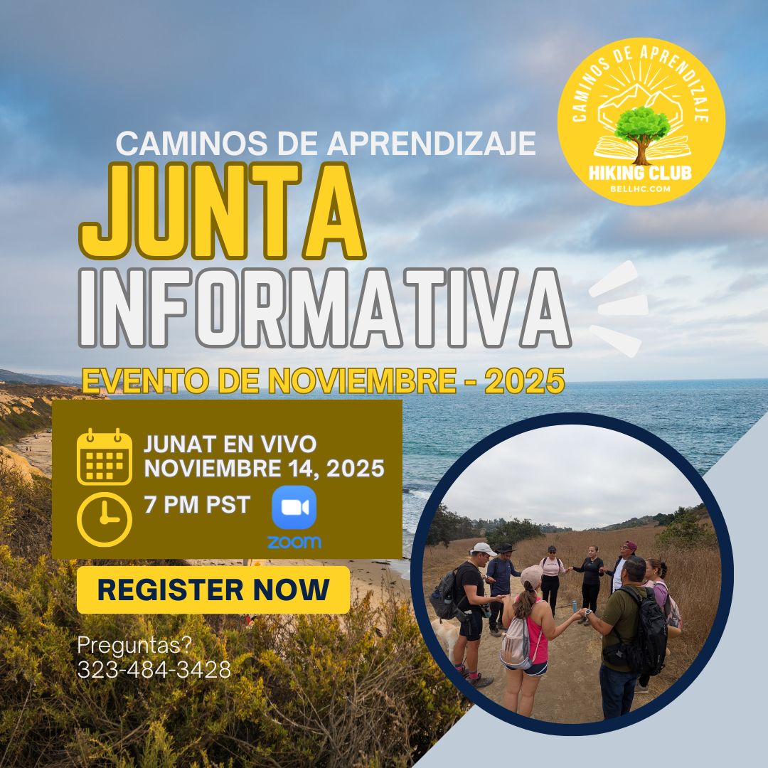 A promotional flyer for a learning paths event by Hiking Club, scheduled for November 14, 2025, at 7 PM PST on Zoom. The flyer features a coastal landscape with a cloudy sky, a group of people hiking and socializing outdoors, and the event information in bold text with yellow, white, and gray accents.