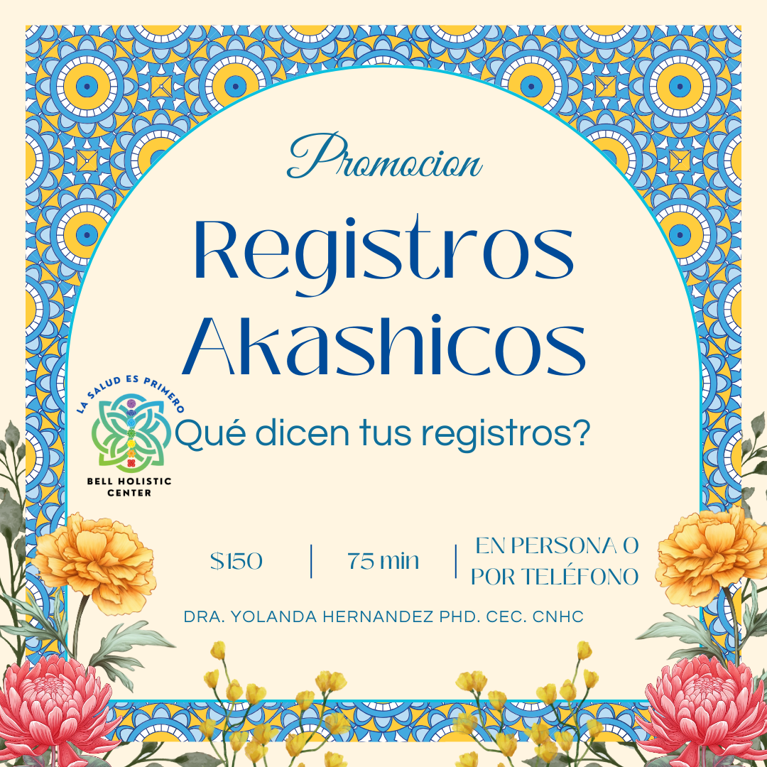 Promotional flyer for holistic health registration with decorative floral and mandala patterns, offering in-person or phone sessions for $150, lasting 75 minutes, conducted by Dr. Yolanda Hernandez.