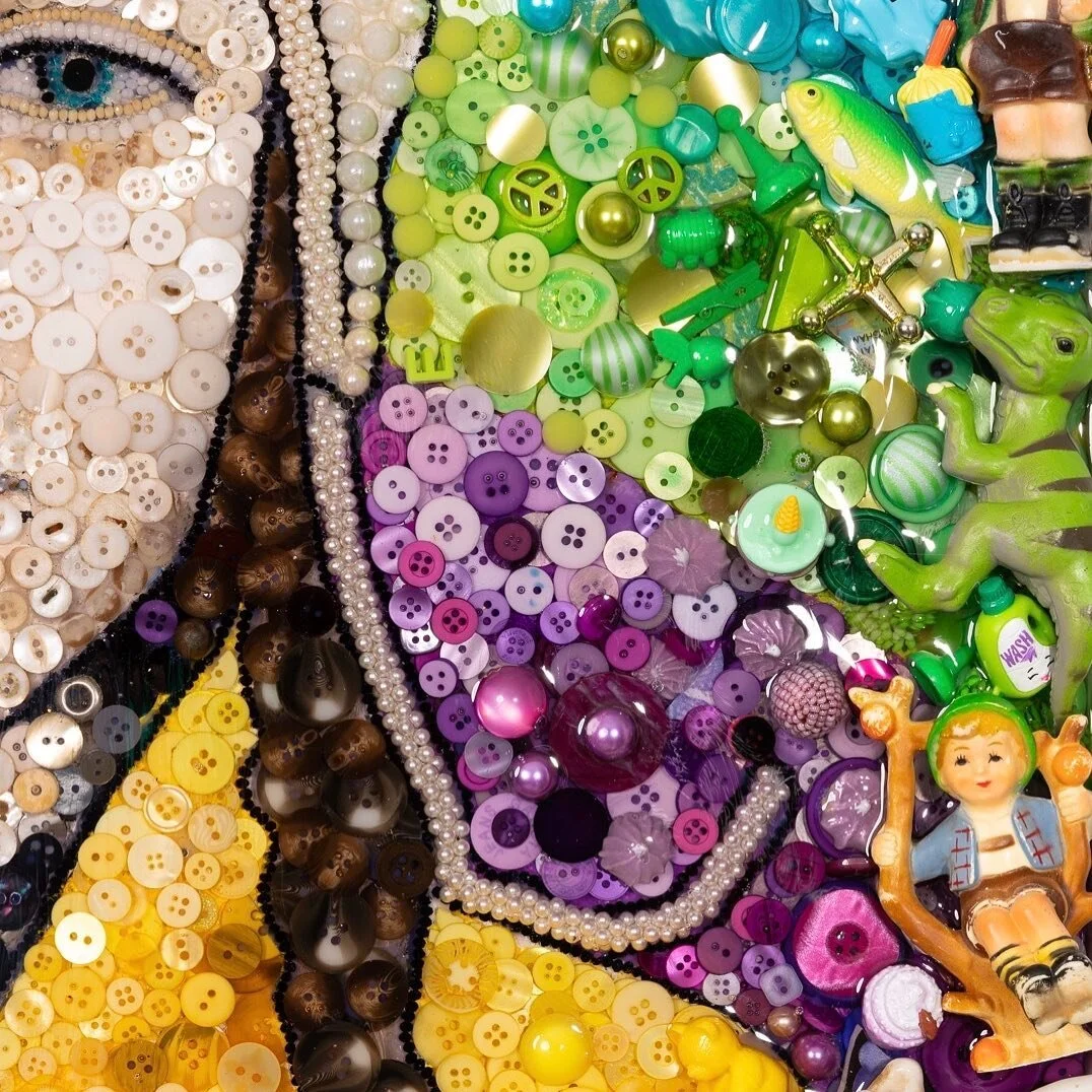 Detail of mixed media portrait of Greta Thunberg.

#gretathunberg #activist #skolstrejkforklimatet #schoolstrike4climate #standwithgreta #climate #climatechange #portrait #customportrait #contemporaryart #pop art #foundobjectart #purple #buttons #vin