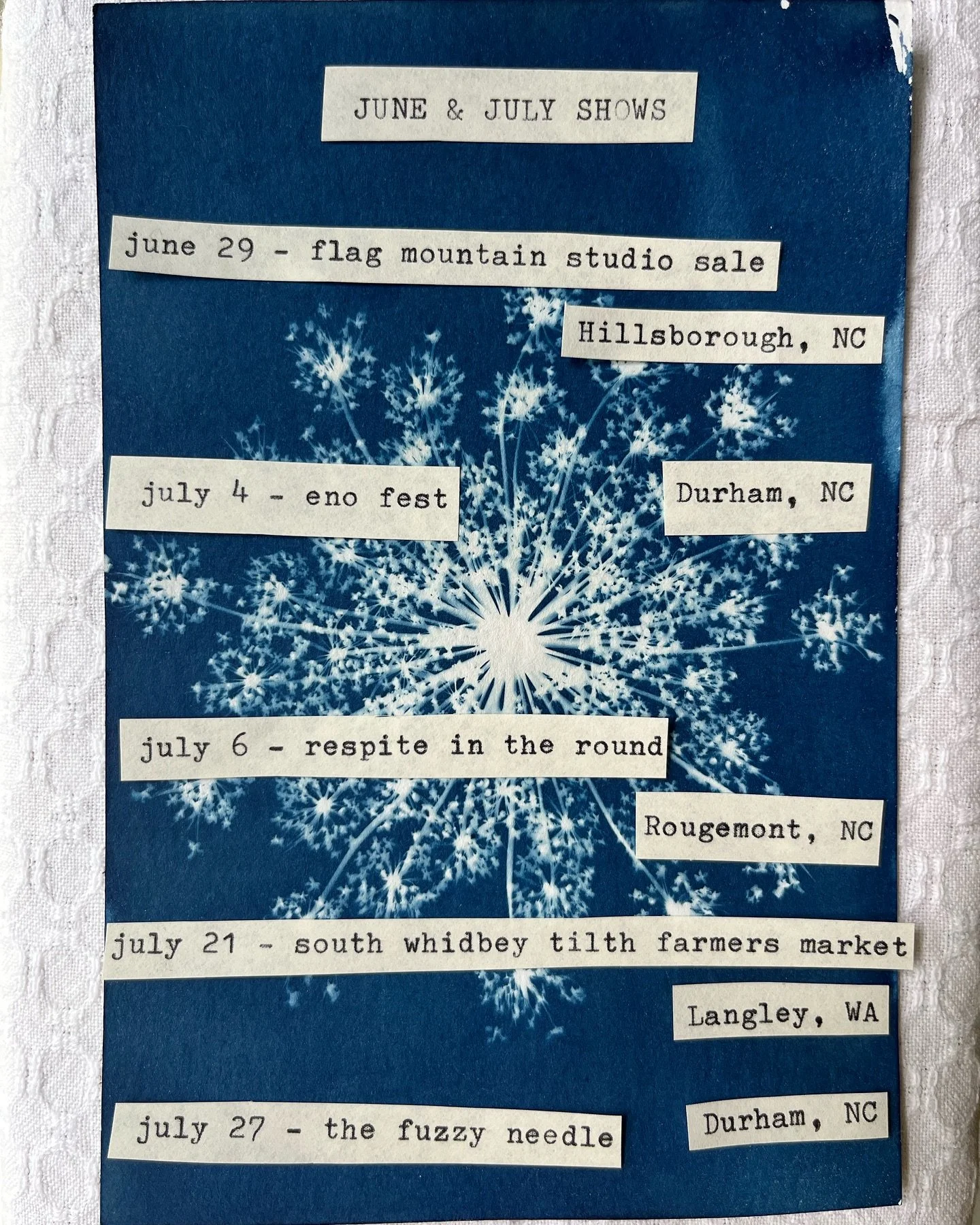 Saturday, June 29 ~ at the @flagmountain.studio sale in Hillsborough, more info on the flier in the 2nd slide

July 4 ~ Eno fest, 10:20 am set on the River stage, playing with a quite special full band @joseph_willem_ricci @southernpinemusic @joewest