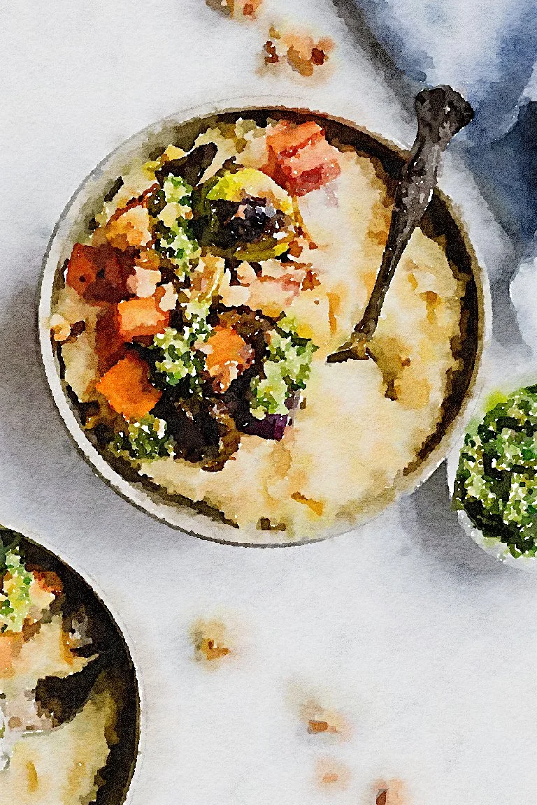 Cauliflower Polenta with Roasted Veggies and Kale Walnut Pesto