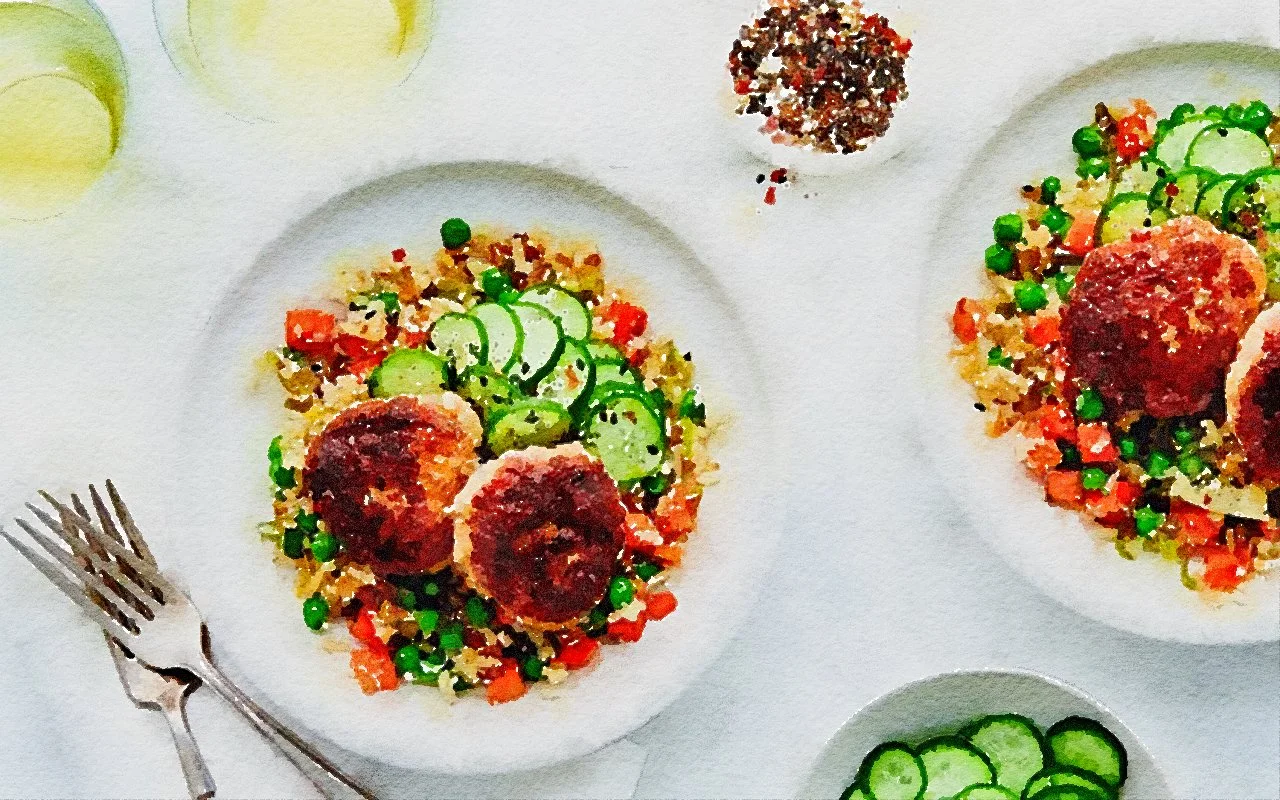 Cauli Fried Rice Bowl w Ginger Chicken Meatballs