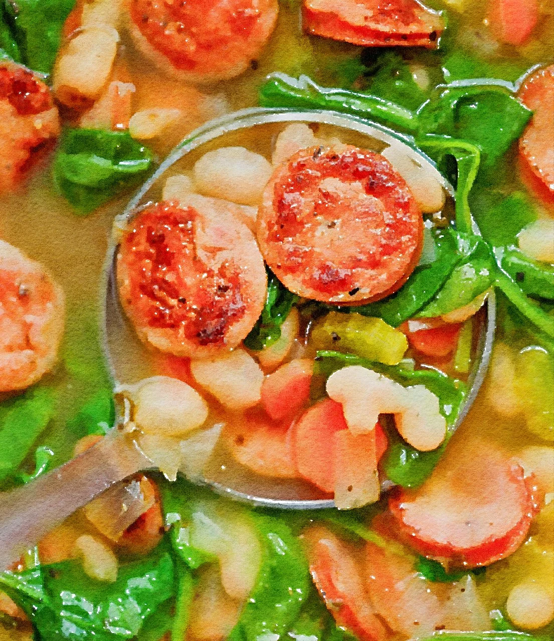 Slow Cooker Sausage, Spinach and White Bean Soup