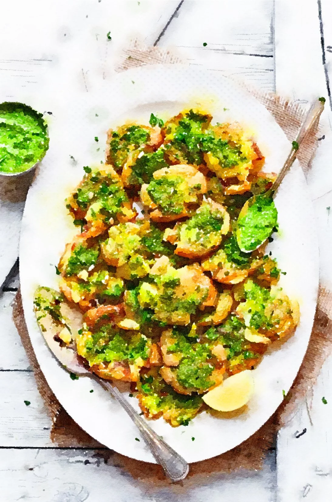 Crispy Smashed Potatoes With Garlic Pesto