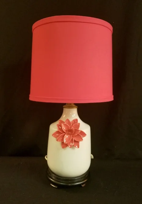 Raised Pink Flower Lamp This lamp is made from a vase with an attached raised porcelain floral. It stands 18.5" tall to the top of the custom fabric lampshade. $150.00, plus shipping