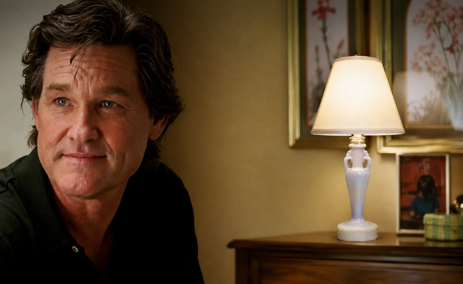 Kurt Russell in a farmhouse scene from Dreamer with a vintage lamp supplied by Shannon Lamp Service.