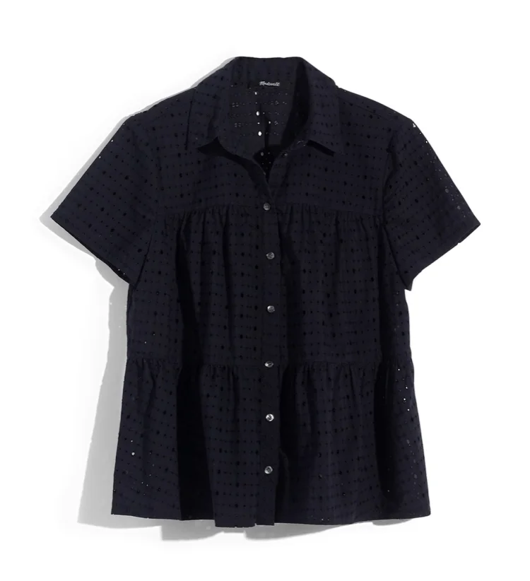 Madewell Navy eyelet tiered button down top